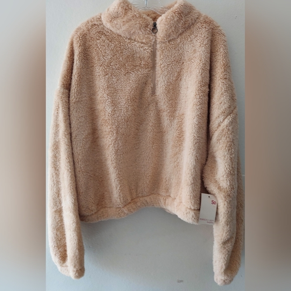 SO Junior's Plus Size 2X 1/4 Zip Cropped Sherpa Pullover Beige Dropped S… - Picture 1 of 8